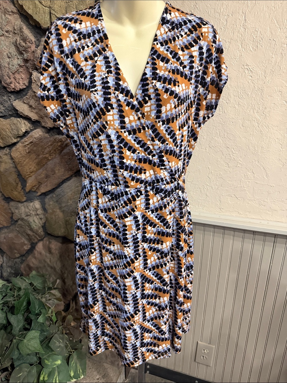 Nine West Geometric Dot-Print Wrap Dress in Navy, White & Mustard